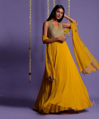 Silver Sequin Embellished Mustard Anarkali Gown 7