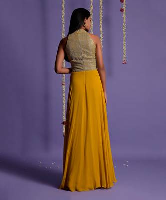 Silver Sequin Embellished Mustard Anarkali Gown 8