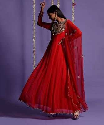 Red Zari And Mirror Embroidered Anarkali Suit 1