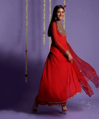 Red Zari And Mirror Embroidered Anarkali Suit 2
