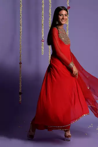 Red Zari And Mirror Embroidered Anarkali Suit