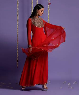 Red Zari And Mirror Embroidered Anarkali Suit 3