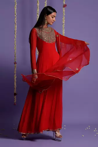 Red Zari And Mirror Embroidered Anarkali Suit