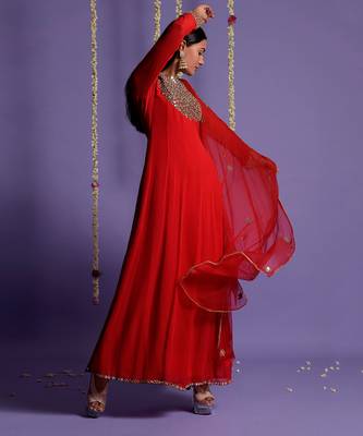 Red Zari And Mirror Embroidered Anarkali Suit 4