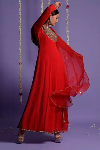 Red Zari And Mirror Embroidered Anarkali Suit