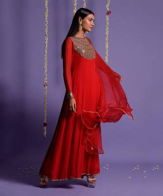 Red Zari And Mirror Embroidered Anarkali Suit 5