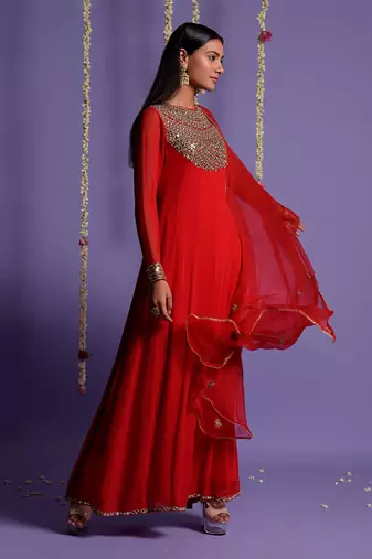 Red Zari And Mirror Embroidered Anarkali Suit
