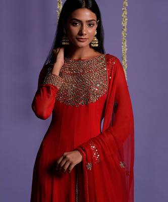 Red Zari And Mirror Embroidered Anarkali Suit 6