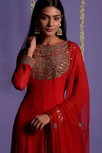 Red Zari And Mirror Embroidered Anarkali Suit
