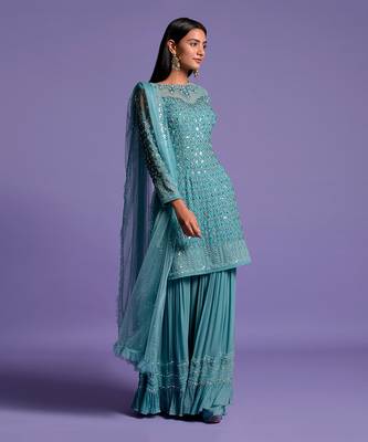Metallic Blue Sequins Embroidered Sharara Set 2