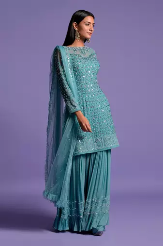 Metallic Blue Sequins Embroidered Sharara Set