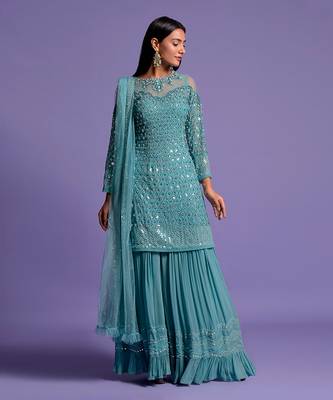 Metallic Blue Sequins Embroidered Sharara Set 1