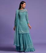 Metallic Blue Sequins Embroidered Sharara Set