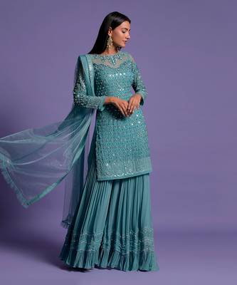 Metallic Blue Sequins Embroidered Sharara Set 3