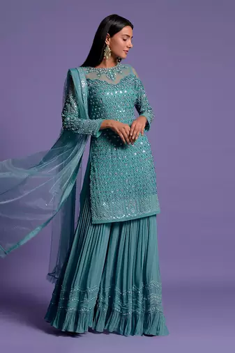 Metallic Blue Sequins Embroidered Sharara Set