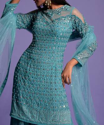 Metallic Blue Sequins Embroidered Sharara Set 4