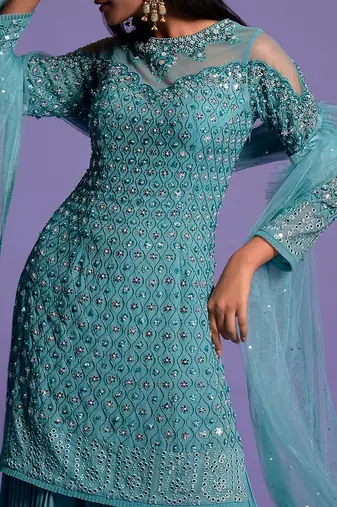 Metallic Blue Sequins Embroidered Sharara Set
