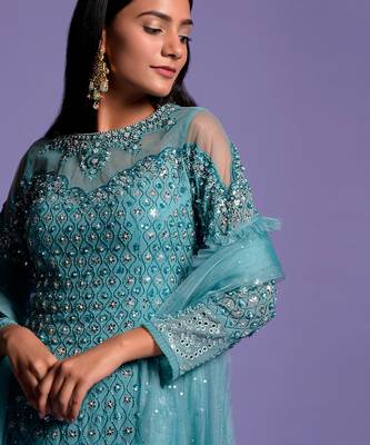 Metallic Blue Sequins Embroidered Sharara Set 5