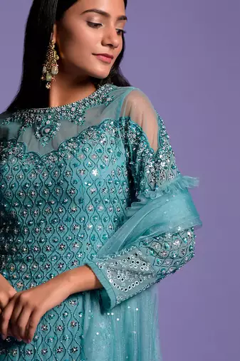 Metallic Blue Sequins Embroidered Sharara Set