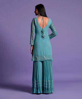 Metallic Blue Sequins Embroidered Sharara Set 6