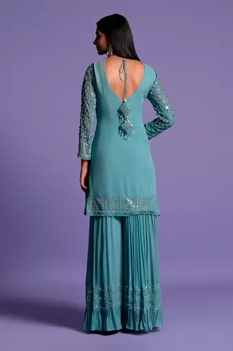 Metallic Blue Sequins Embroidered Sharara Set