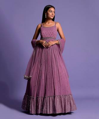 Mouve Mirror Embellished Anarkali Gown With Dupatta 1