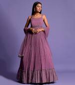 Mouve Mirror Embellished Anarkali Gown With Dupatta