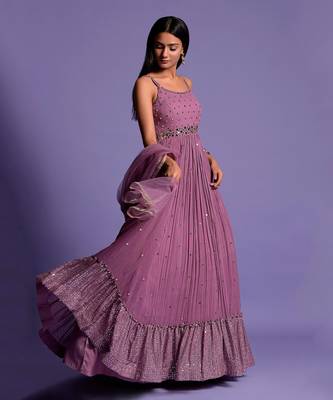 Mouve Mirror Embellished Anarkali Gown With Dupatta 2