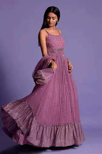 Mouve Mirror Embellished Anarkali Gown With Dupatta