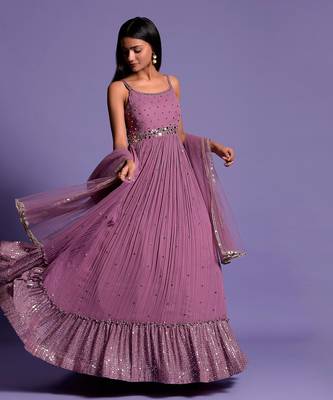 Mouve Mirror Embellished Anarkali Gown With Dupatta 3