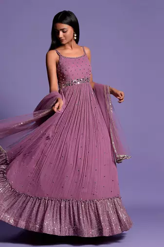 Mouve Mirror Embellished Anarkali Gown With Dupatta