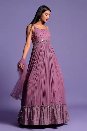 Mouve Mirror Embellished Anarkali Gown With Dupatta