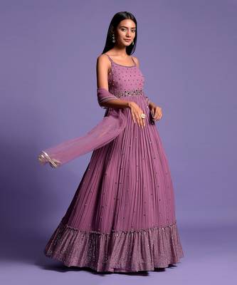 Mouve Mirror Embellished Anarkali Gown With Dupatta 5