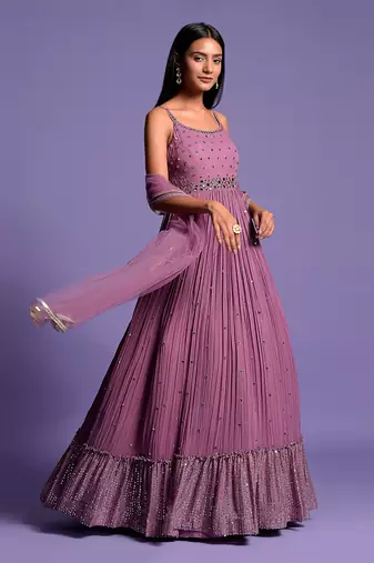 Mouve Mirror Embellished Anarkali Gown With Dupatta