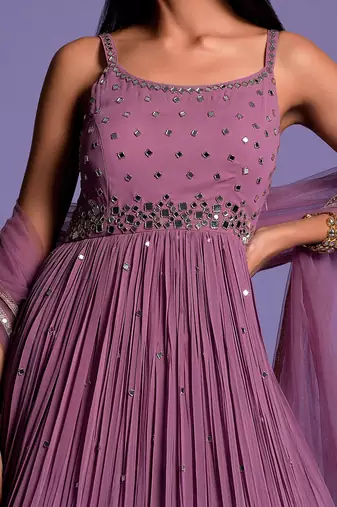 Mouve Mirror Embellished Anarkali Gown With Dupatta
