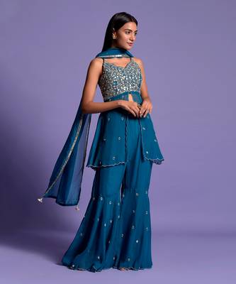 Teal Blue Embroidered Front Open Top With Garara 1