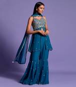 Teal Blue Embroidered Front Open Top With Garara