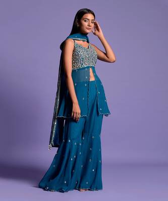 Teal Blue Embroidered Front Open Top With Garara 2