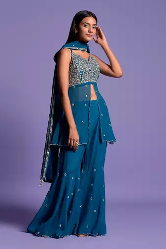 Teal Blue Embroidered Front Open Top With Garara