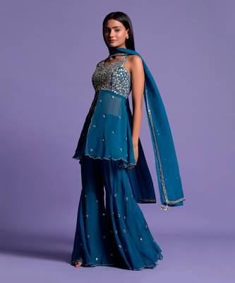 Teal Blue Embroidered Front Open Top With Garara 3
