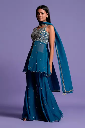Teal Blue Embroidered Front Open Top With Garara
