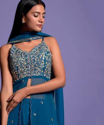 Teal Blue Embroidered Front Open Top With Garara 4