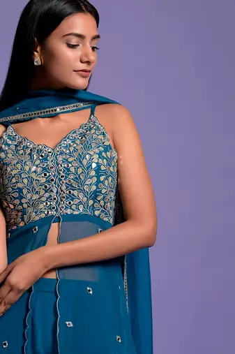Teal Blue Embroidered Front Open Top With Garara