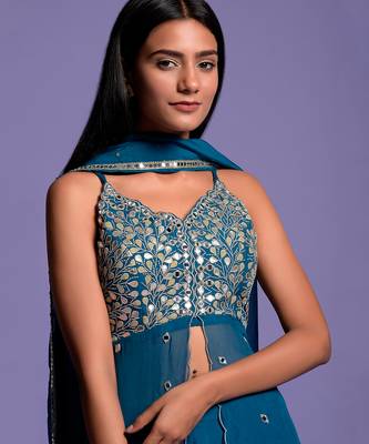 Teal Blue Embroidered Front Open Top With Garara 5