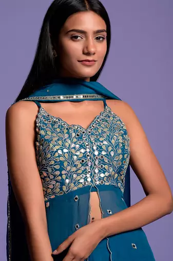 Teal Blue Embroidered Front Open Top With Garara