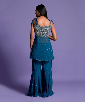 Teal Blue Embroidered Front Open Top With Garara 6