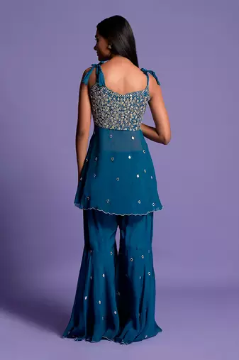 Teal Blue Embroidered Front Open Top With Garara