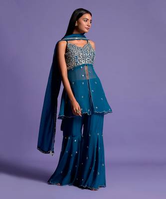 Teal Blue Embroidered Front Open Top With Garara 7