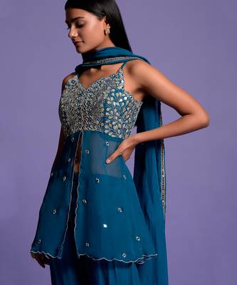Teal Blue Embroidered Front Open Top With Garara 8