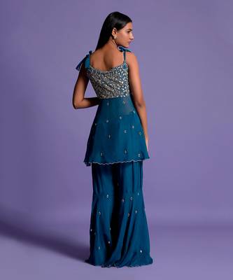 Teal Blue Embroidered Front Open Top With Garara 9